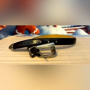Brighton dark brown leather belt in small w/ some wear areas, ornate silver tone